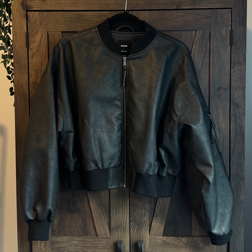 Cotton On Black Leather Bomber Jacket